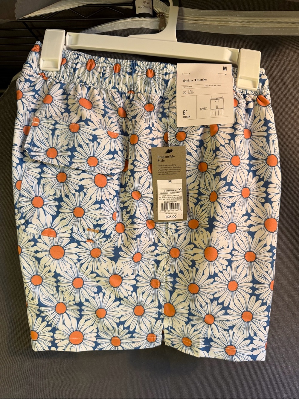 Goodfellow & Co Blue Floral Swim Trunks with White Daisies and Orange Centers